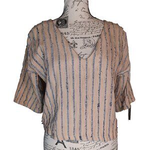 Tonle Handmade Shirt Top, Sustainable Clothing Tan Blue Stripe X-Small, XS Short